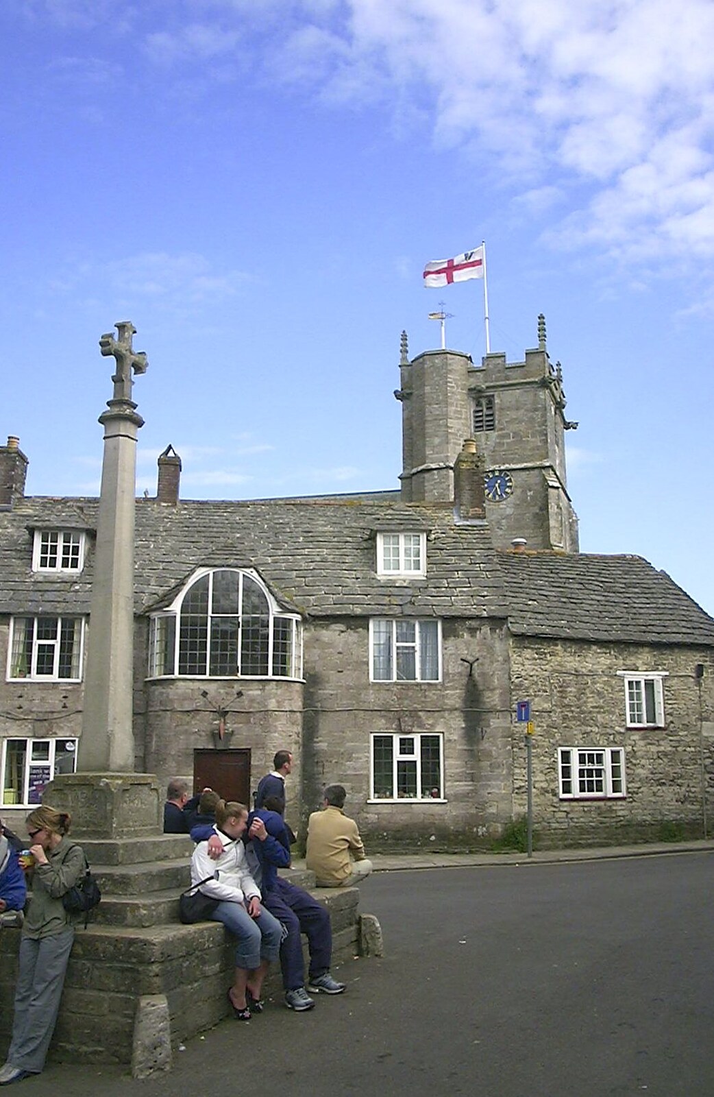 Corfe Castle Camping, Corfe, Dorset - 30th May 2004: The church in Corfe flies the flag of St. George