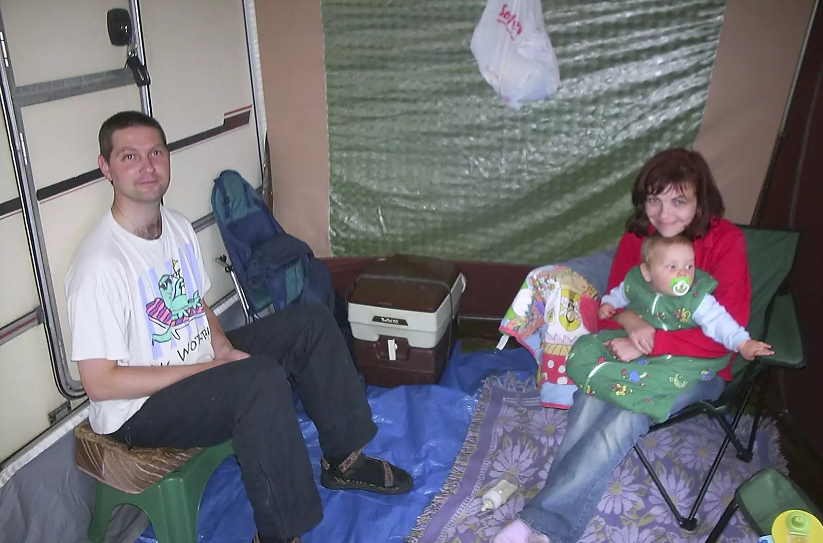 Sean, Michelle and Rowan in a Scumavan awning, from Corfe Castle Camping, Corfe, Dorset - 30th May 2004