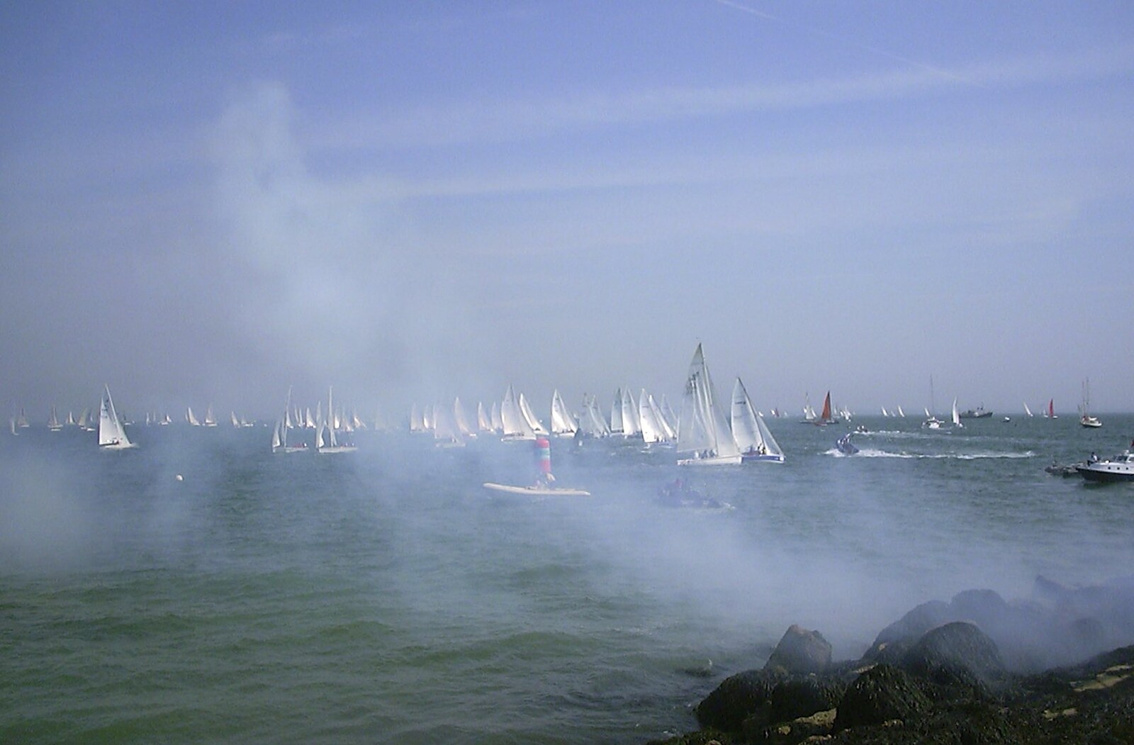 Smoke from a starting gun drifts over the water from Cowes Weekend, Cowes, Isle of Wight - 7th August 2004