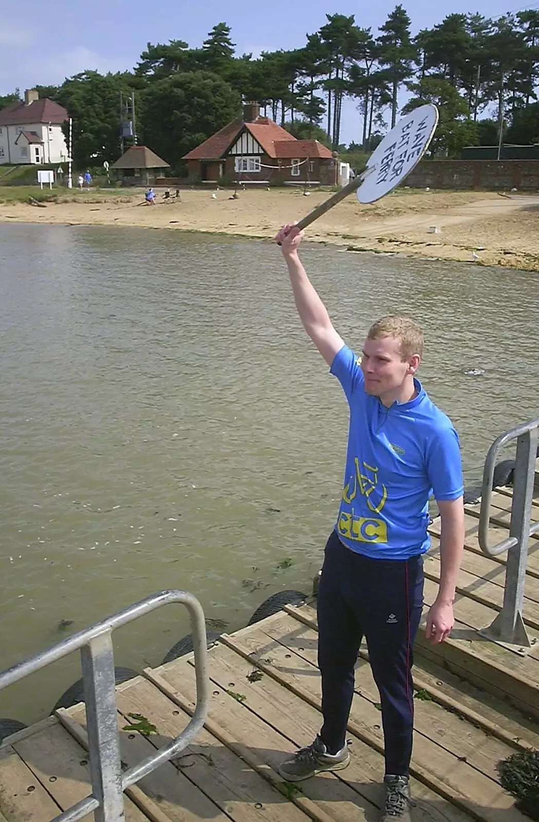 Bill waves the bat to get the ferry, from A BSCC Splinter Group Camping Trip, Shottisham, Suffolk - 13th August 2004