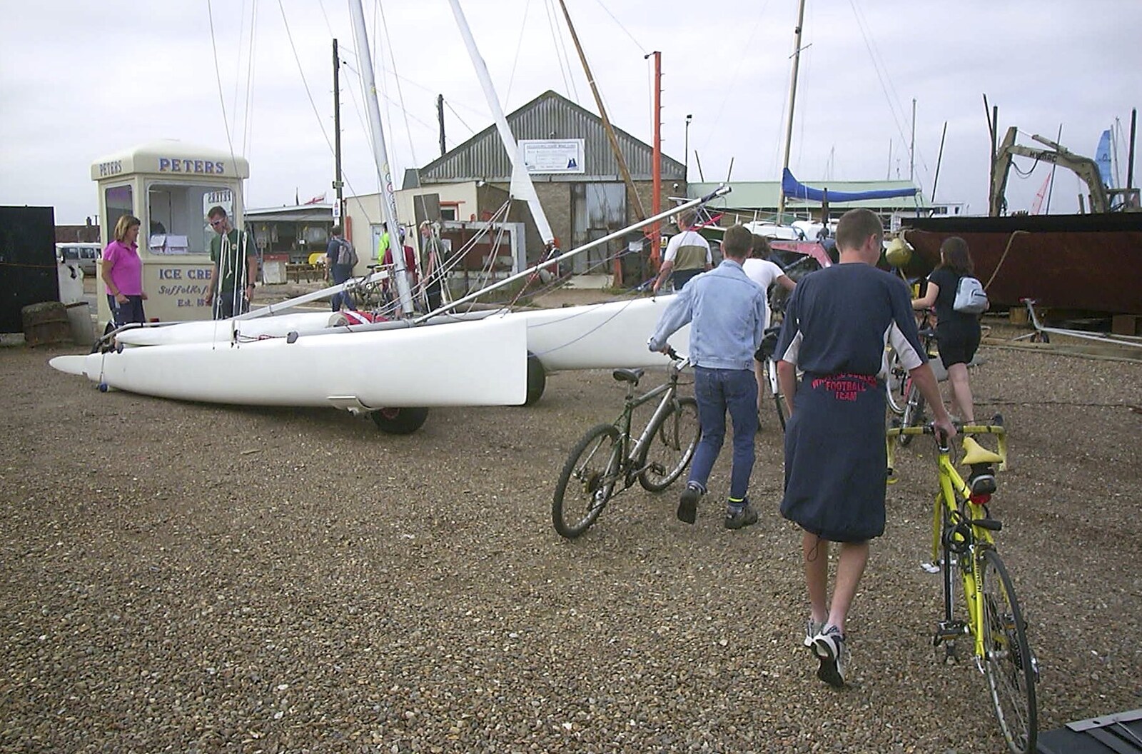 A BSCC Splinter Group Camping Trip, Shottisham, Suffolk - 13th August 2004: Ninja and Phil pish their bikes through a boatyard