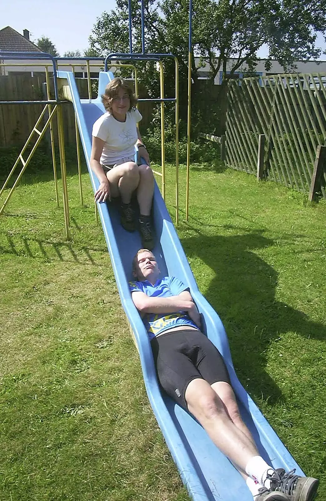 Suey and Bill are a bit big for the slide, from A BSCC Splinter Group Camping Trip, Shottisham, Suffolk - 13th August 2004