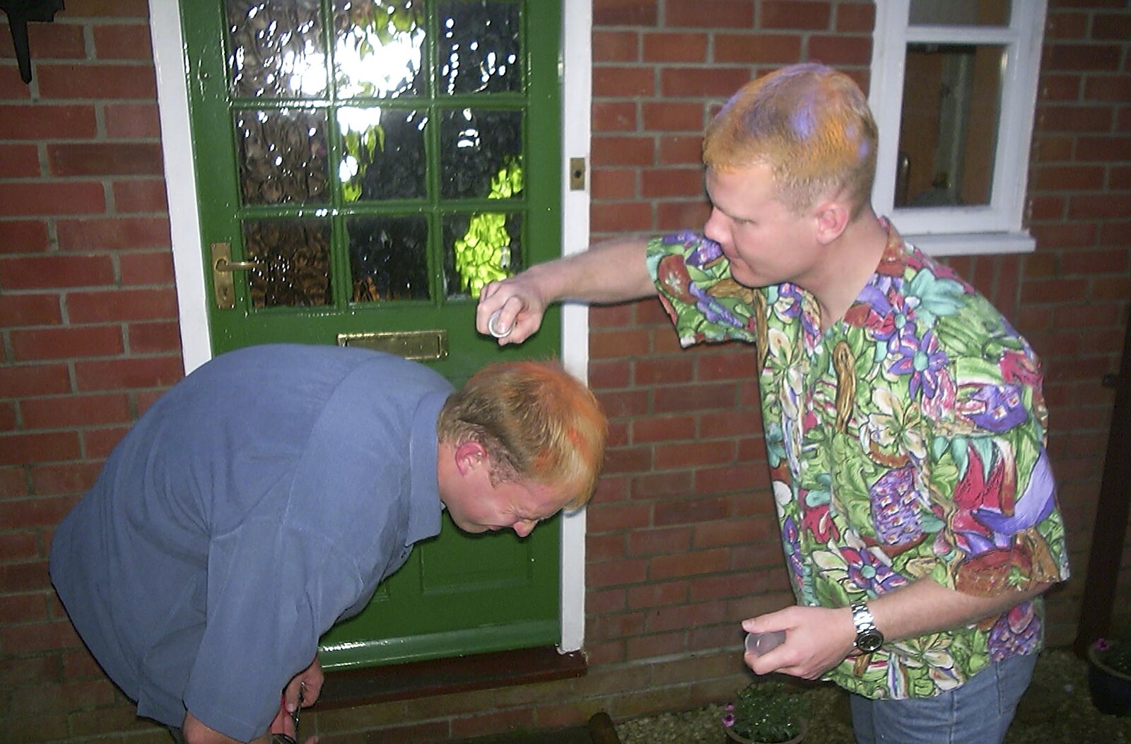 Orange and purple hair spray is applied from Paul's Stag Night, Brome, Scole and Bressingham - Friday 20th August 2004