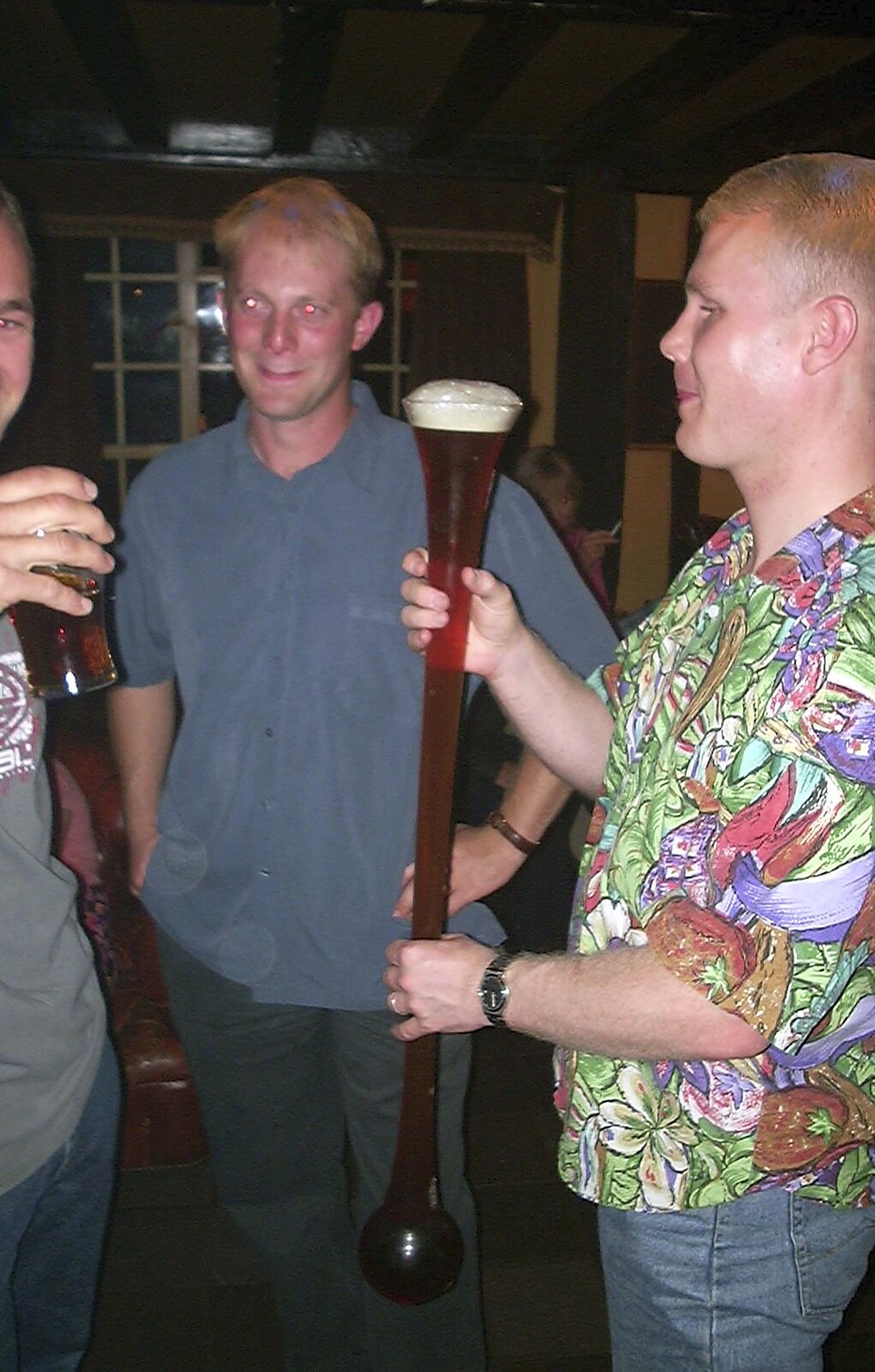 Mikey P considers a yard of ale from Paul's Stag Night, Brome, Scole and Bressingham - Friday 20th August 2004