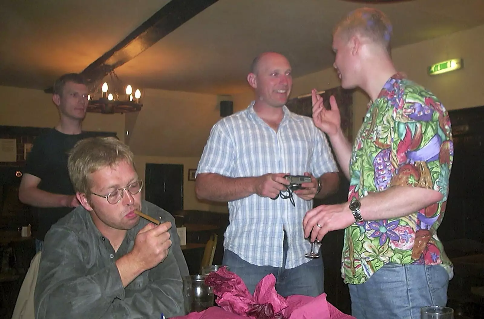 Marc and Mikey spark up some cigars, from Paul's Stag Night, Brome, Scole and Bressingham - Friday 20th August 2004