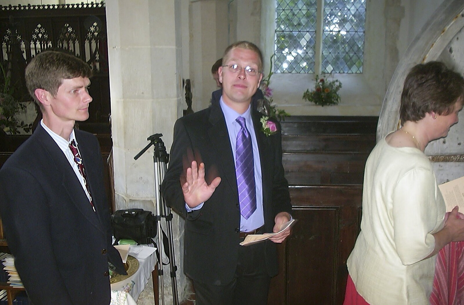 Marc waves from Claire and Paul's Wedding and The BBs, Thrandeston and Brome, Suffolk - 4th September 2004
