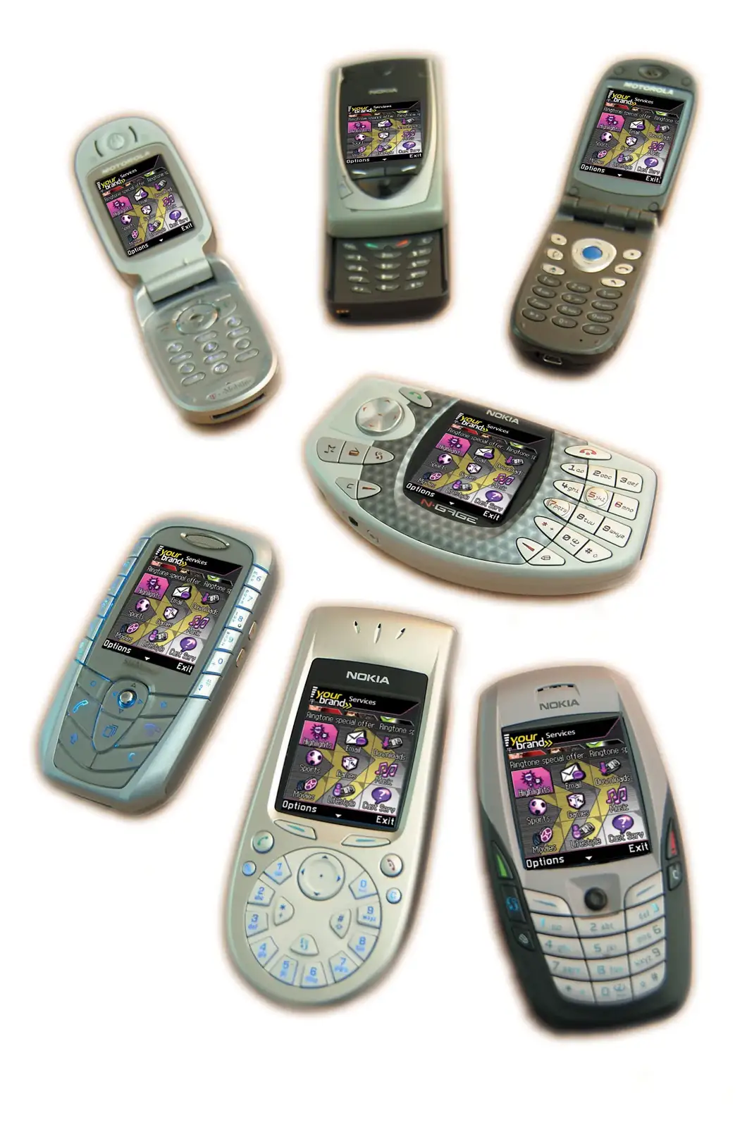 An array of mostly-Nokia phones with a Trig on, from A 3G Lab/Trigenix Miscellany, Matrix House, Cambridge - 25th September 2004