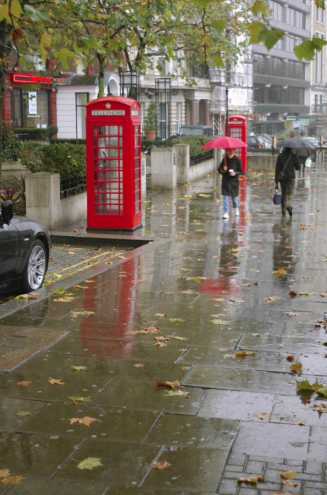K6 phone boxes on Kensington High Street from London in the Rain - 18th November 2004