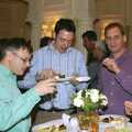 Dave, Stef and Luke discuss chocolate torte, Qualcomm Europe All-Hands, Berkeley Hotel, Knightsbridge - 18th November 2004
