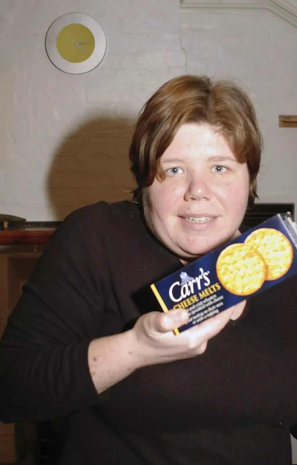 Sis holds up a box of crackers for some reason, from A Day with Sis, Matt and the Old Man, Saxmundham, Suffolk - 28th December 2004