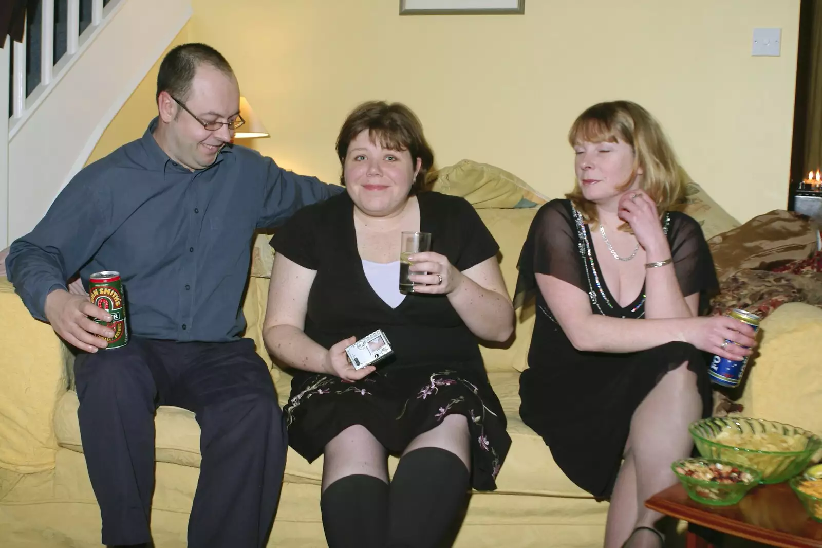 Matt, Sis and Mel on the sofa, from The Old Man's 70th Birthday, Pontefract, West Yorkshire - 29th January 2005