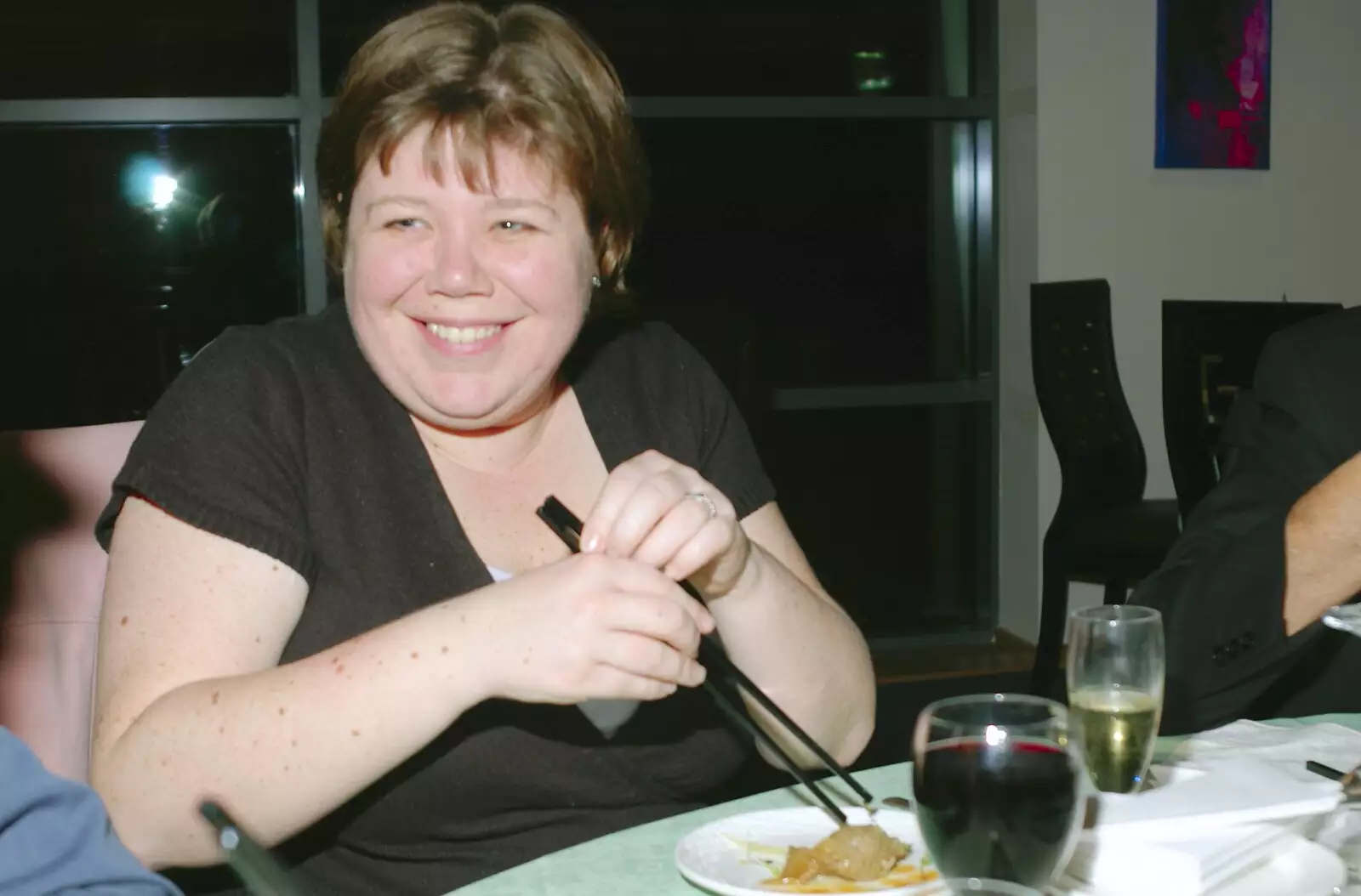 Sis grapples with chopsticks, from The Old Man's 70th Birthday, Pontefract, West Yorkshire - 29th January 2005