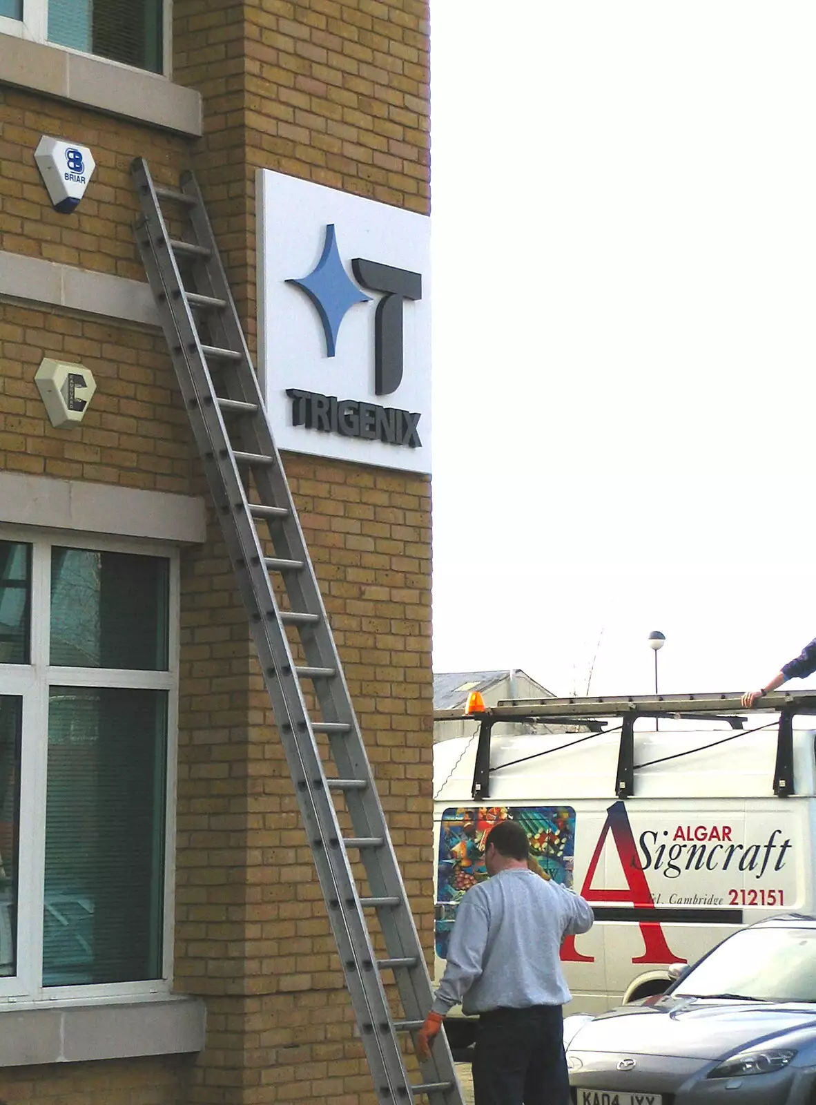 Ladders are put up to remove the old sign, from A Swan Car Crash and the End of Trigenix, Brome and Cambridge - 31st January 2005