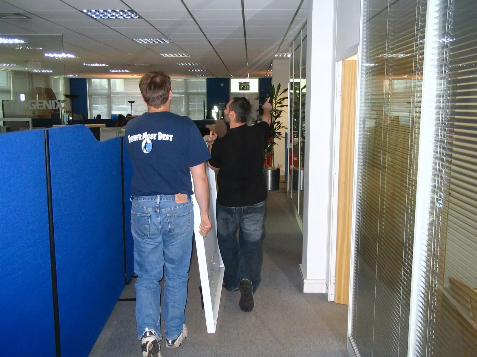 Nick and Craig carry the sign down the office, from A Swan Car Crash and the End of Trigenix, Brome and Cambridge - 31st January 2005