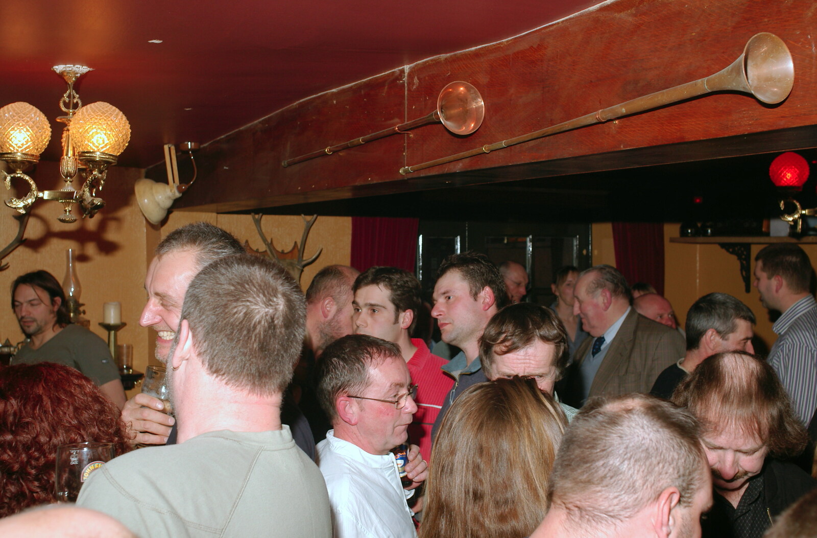 A couple of hunting horns hang over the crowd from Tsunami-Aid at the Greyhound, Botesdale, Suffolk - 5th February 2005