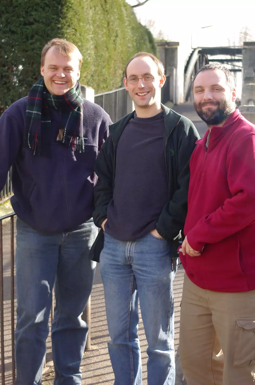 Nick, Dave and Craig on the footbridge over the Cam, from The Green Dragon, Mark Joseph at Revs, and The BBs, Cambridge and Diss  - 16th February 2005