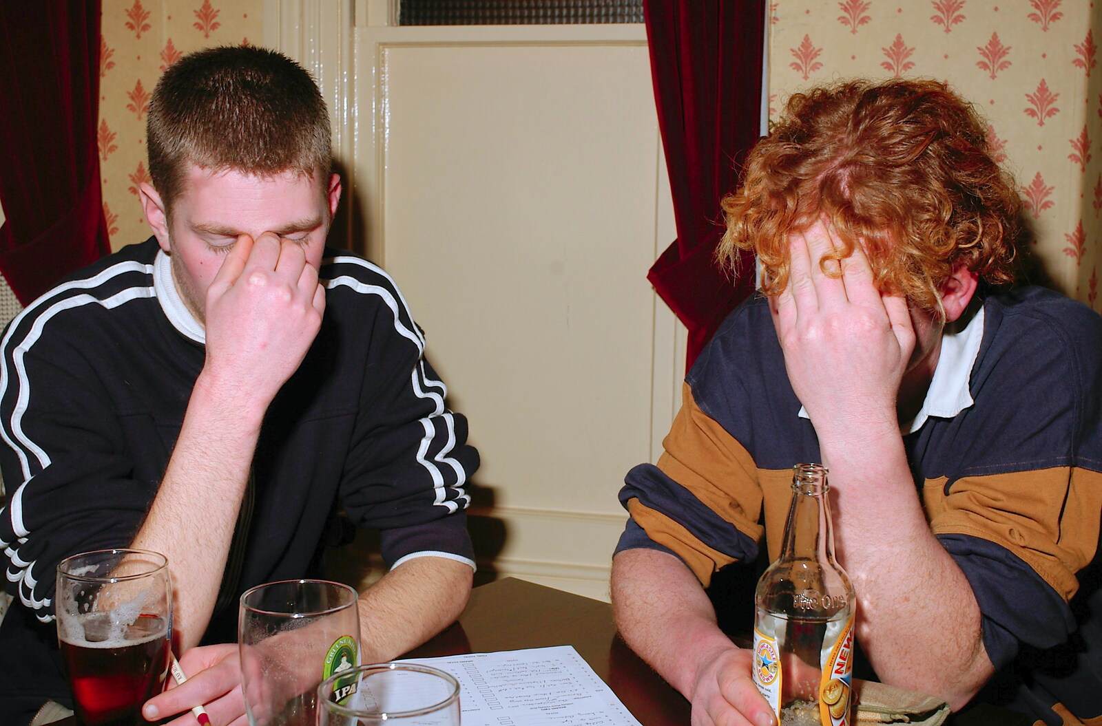 The lads are deep in thought from Fiddler on the Roof and a Railway Inn Quiz, Gislingham and Mellis, Suffolk - 17th February 2005