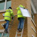 The new sign is hauled up, Wendy Leaves "The Lab" and a Snow Day, Cambridge and Brome - 25th February 2005
