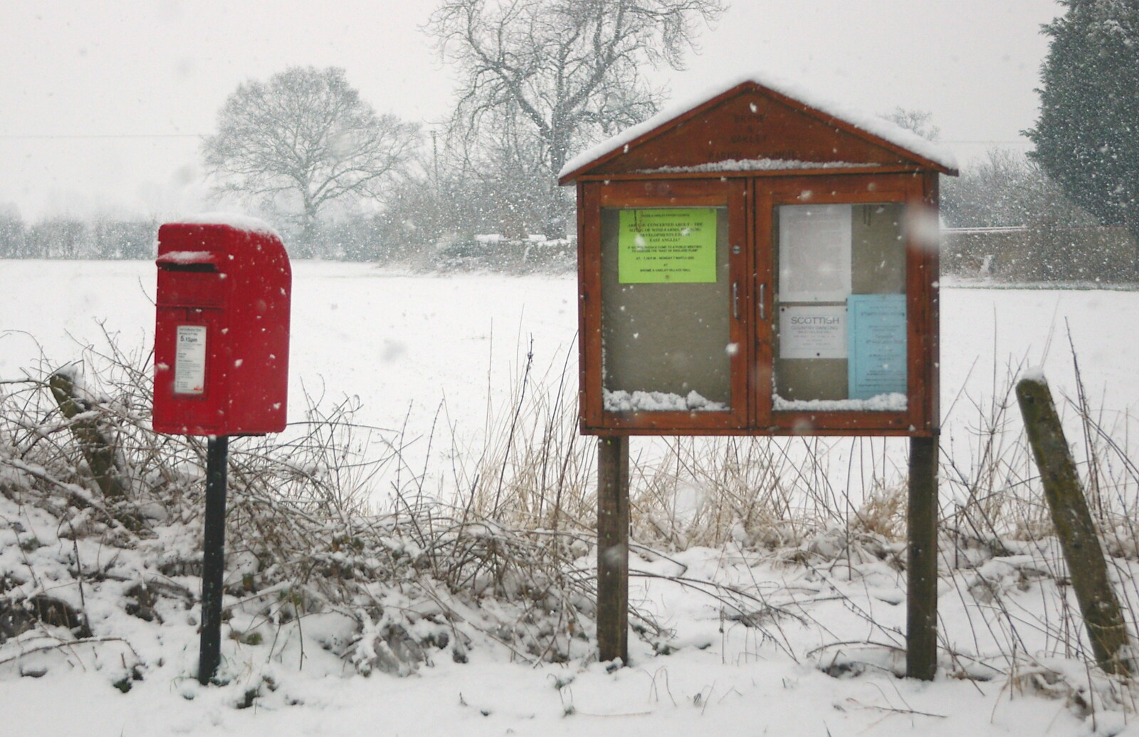 The postbox and village sign from Wendy Leaves "The Lab" and a Snow Day, Cambridge and Brome - 25th February 2005