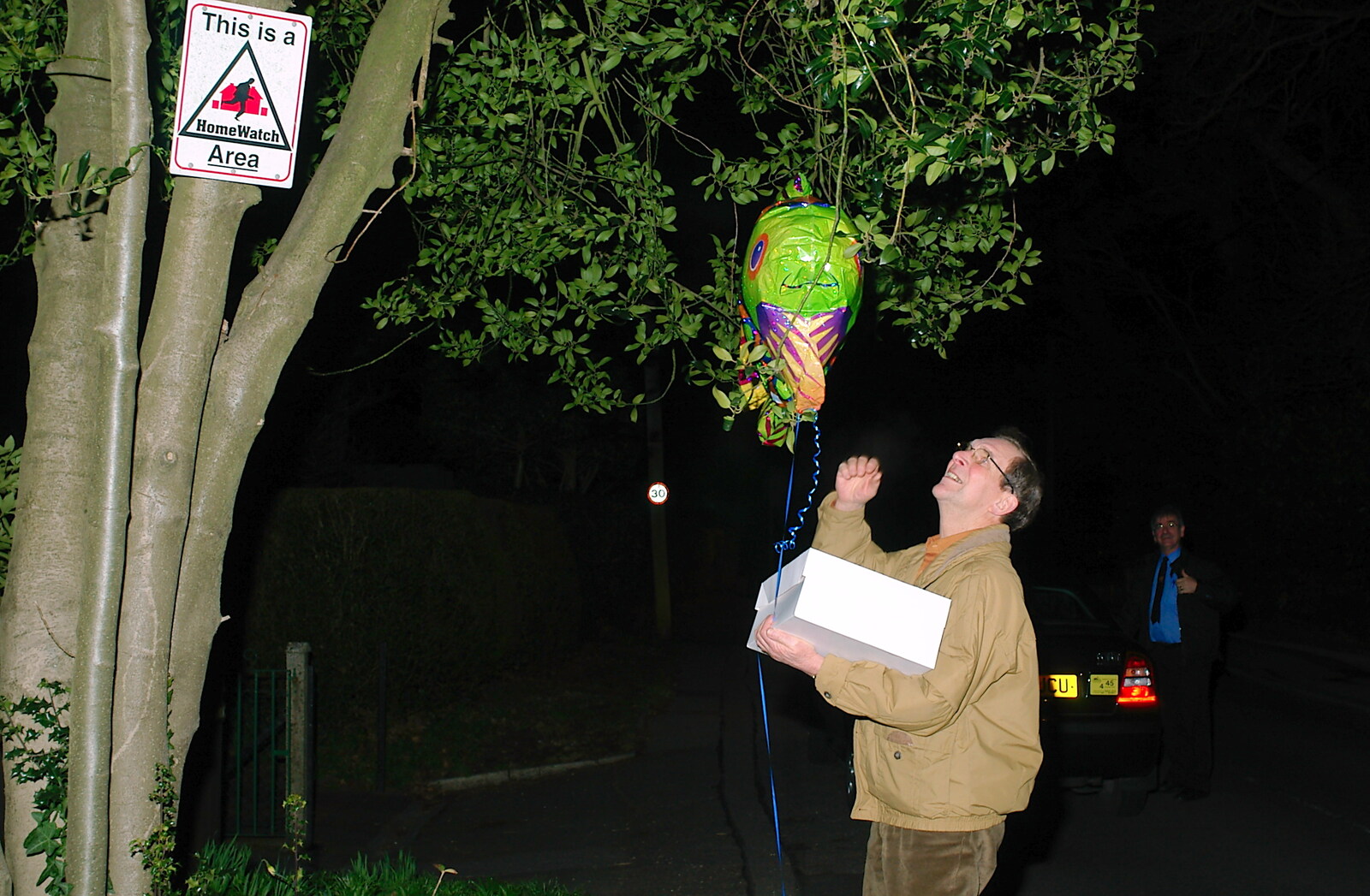 Mike gets his helium-filled fish stuck up a tree from Mike's 70th Birthday, Christchurch, Dorset - 12th March 2005