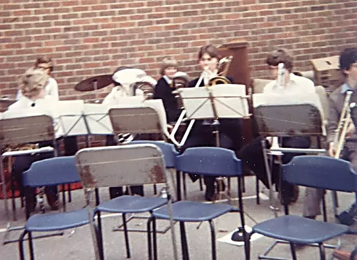 Nosher on piano, Ray Mitchell on drums, Simon Strange on trombone, from Nosher's Family History - 1980-1985