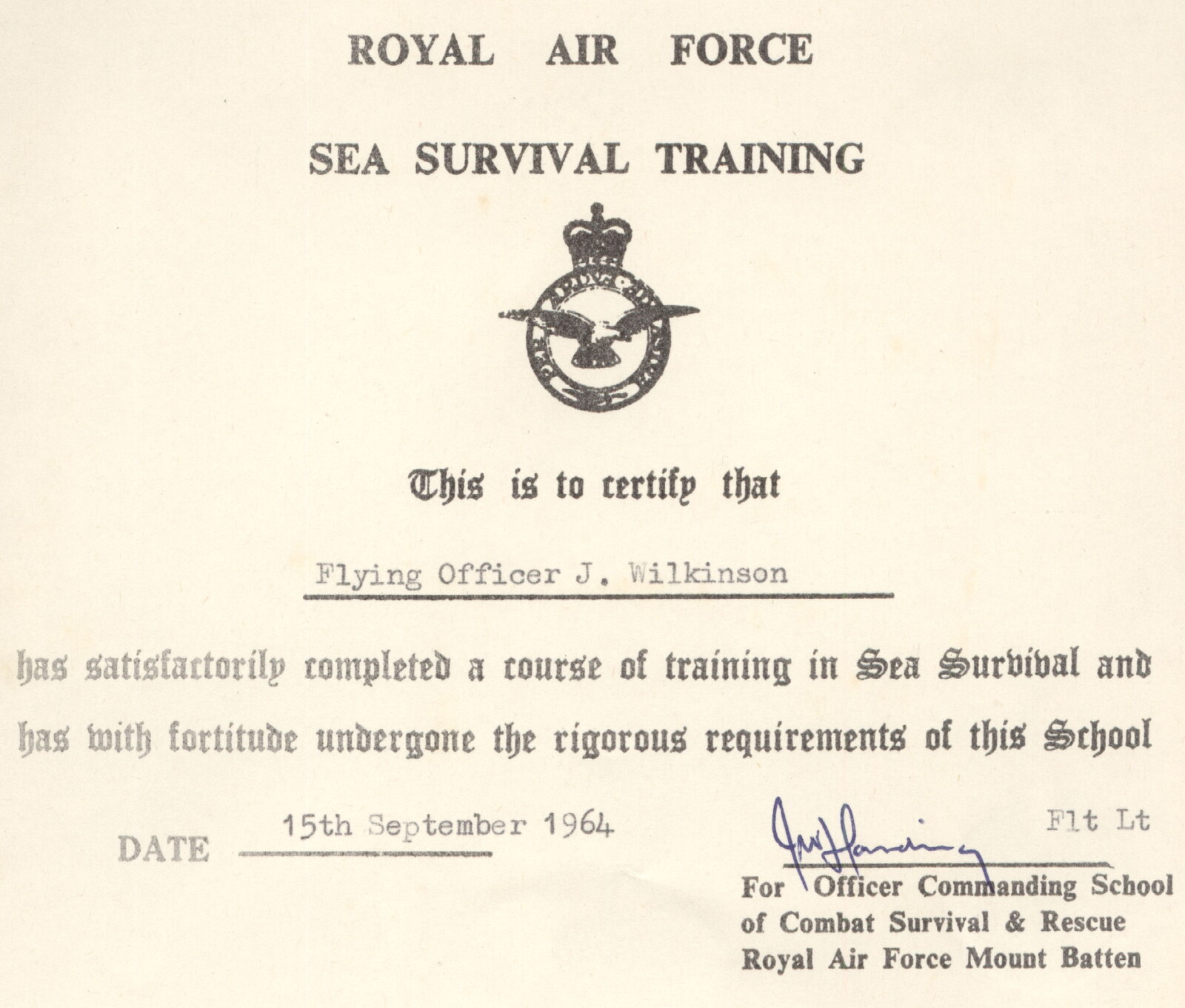 Grandad's RAF Days - Miscellaneous Dates: Grandad's sea survival training certificate, 1964