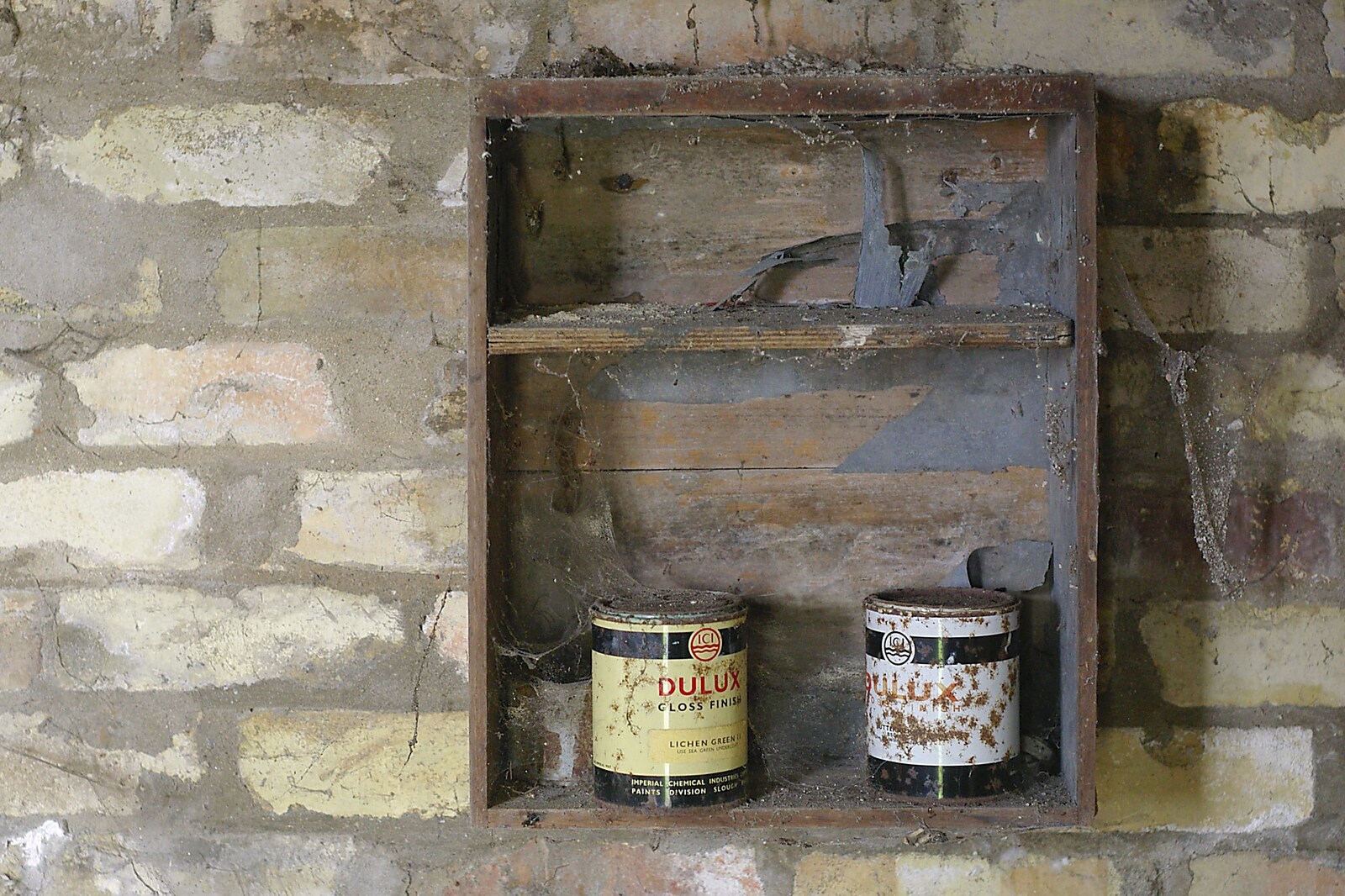 Two folorn old tins of ICI Dulux paint from An Elegy for a Shed, Hopton, Suffolk - 28th March 2005