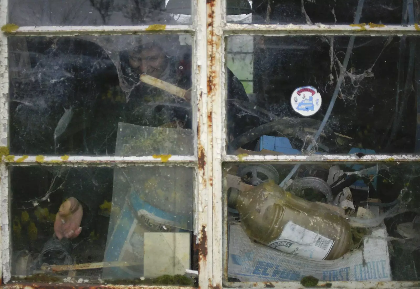 Janice through a window, from An Elegy for a Shed, Hopton, Suffolk - 28th March 2005