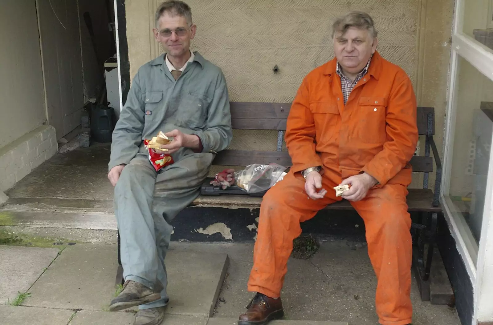 Mick and Richard take time-out for a spot of lunch, from An Elegy for a Shed, Hopton, Suffolk - 28th March 2005