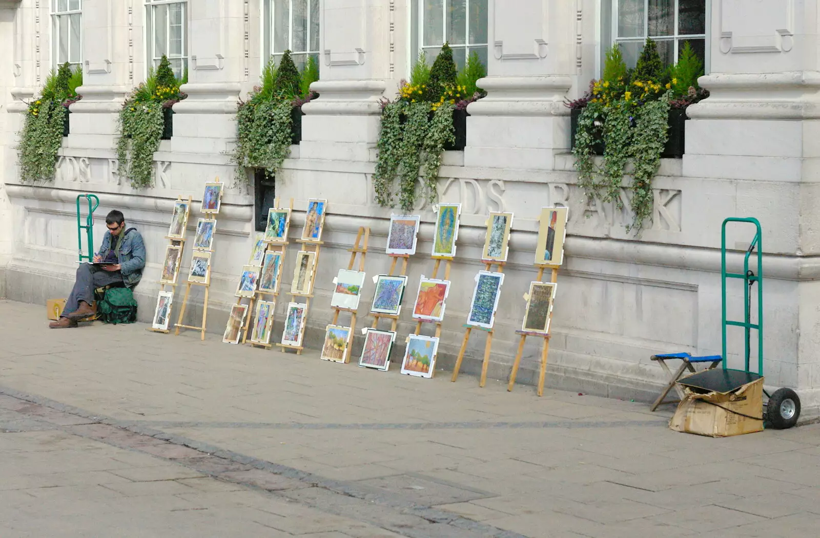 Paintings for sale outside lloyds, from Norwich Market, the BSCC at Occold, and Diss Publishing - 10th April 2005