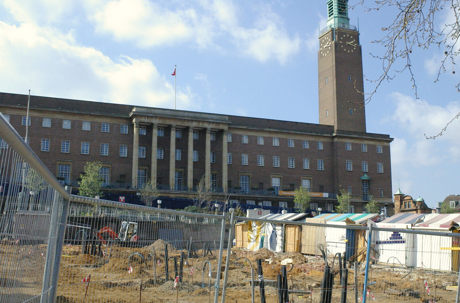 A hole where the market was, and City Hall from Norwich Market, the BSCC at Occold, and Diss Publishing - 10th April 2005