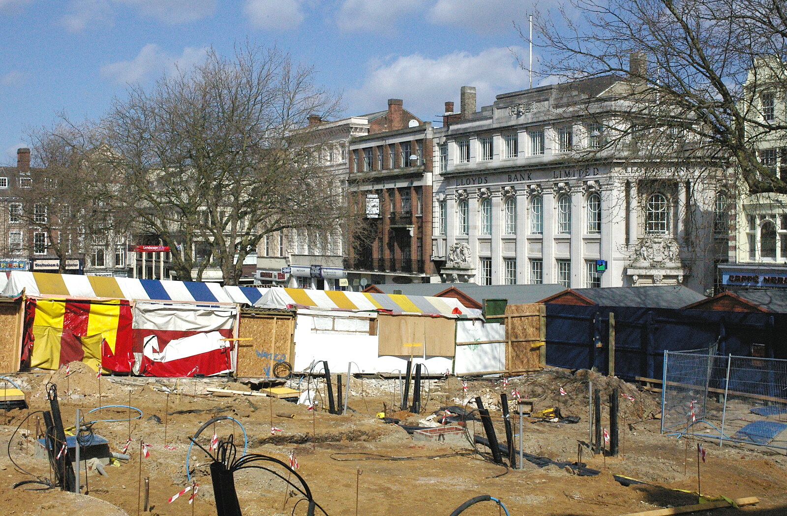 Looking at the demolished market and Lloyds bank from Norwich Market, the BSCC at Occold, and Diss Publishing - 10th April 2005