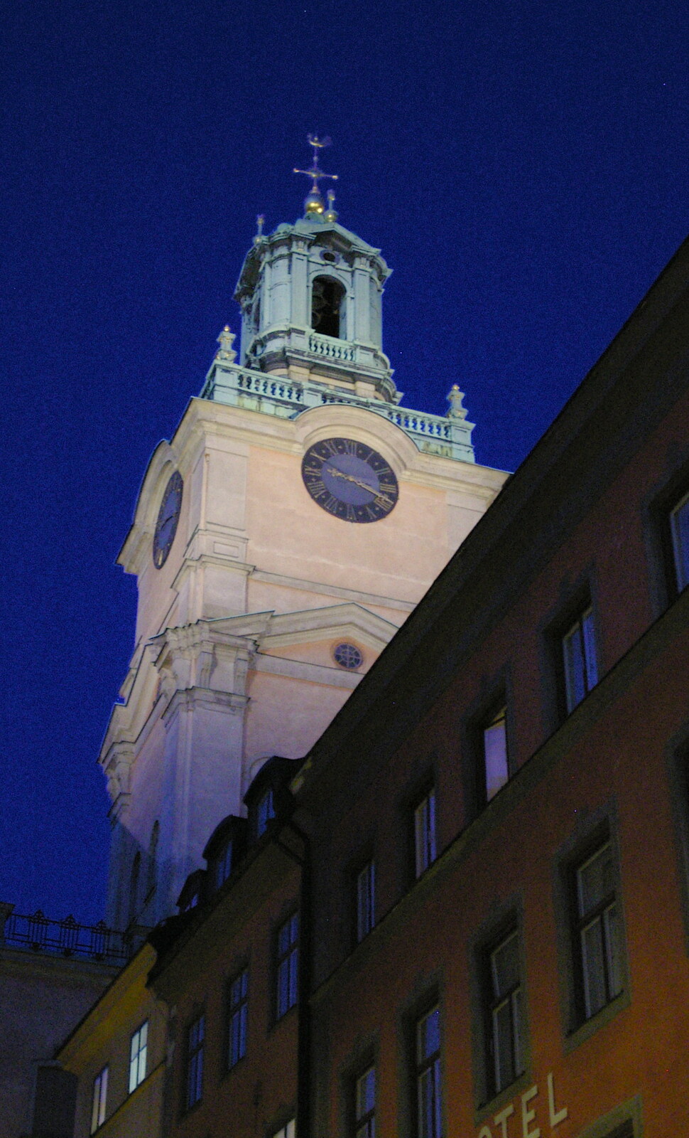 The clock tower, lit up at night from A Postcard From Stockholm: A Working Trip to Sweden - 24th April 2005