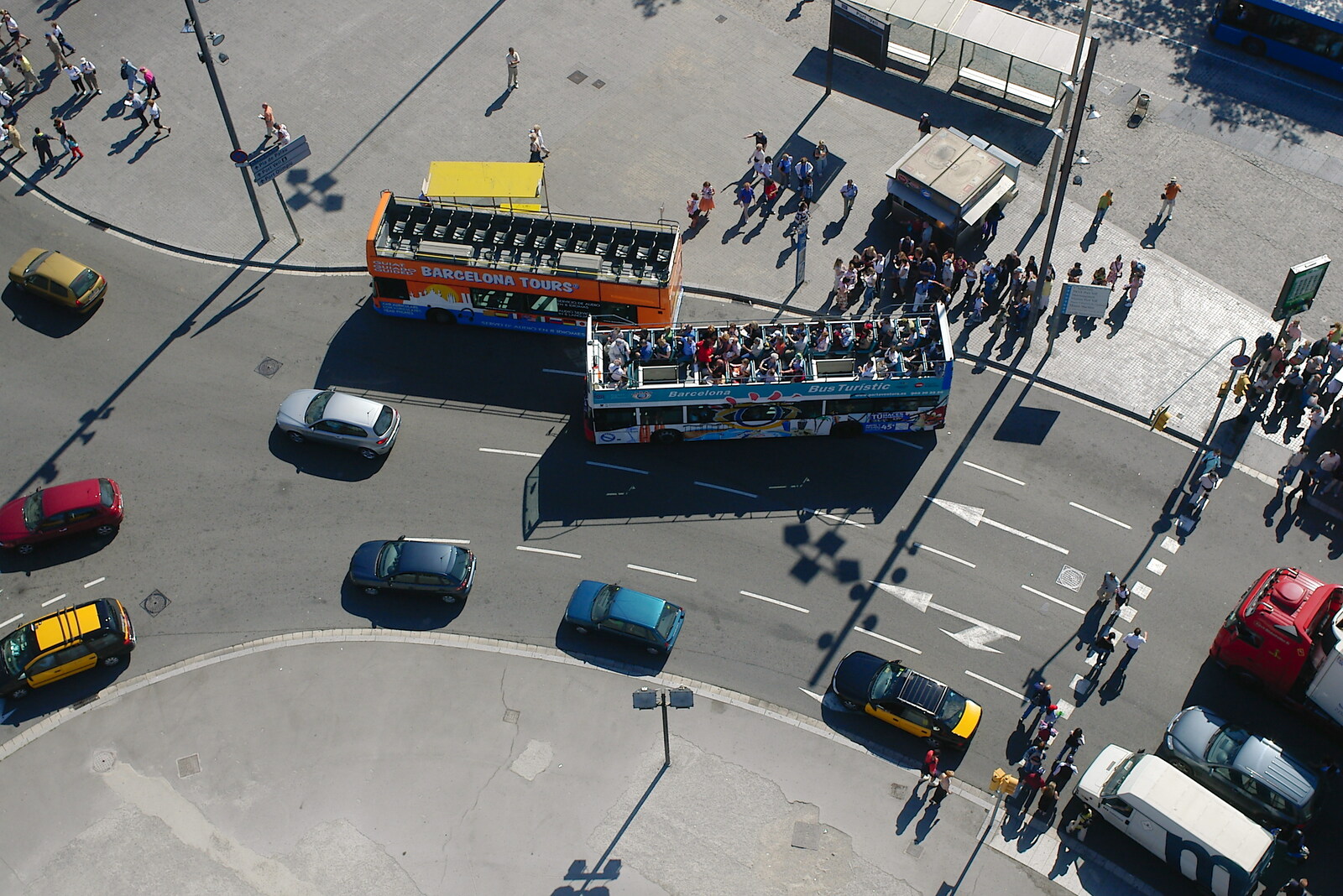 A bird's-eye view of tourist buses from Montjuïc and Sant Feliu de Guíxols, Barcelona, Catalunya - 30th April 2005