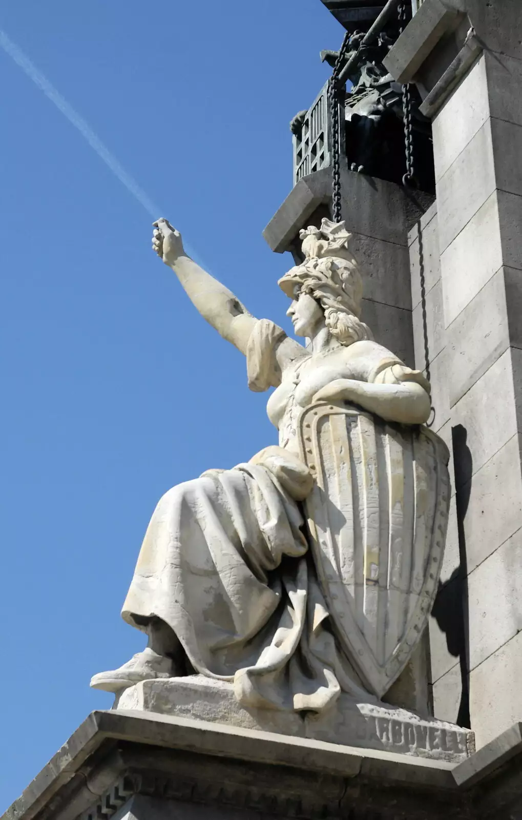 A statue is throwing a contrail javelin, from Montjuïc and Sant Feliu de Guíxols, Barcelona, Catalunya - 30th April 2005