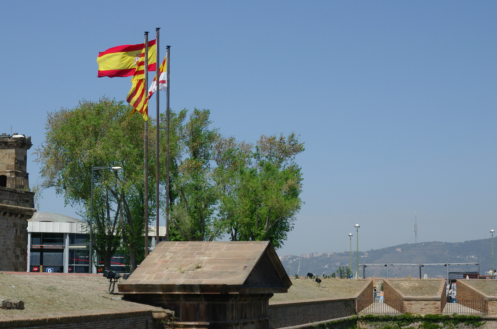 The flags of Spain and Catalunya from Montjuïc and Sant Feliu de Guíxols, Barcelona, Catalunya - 30th April 2005
