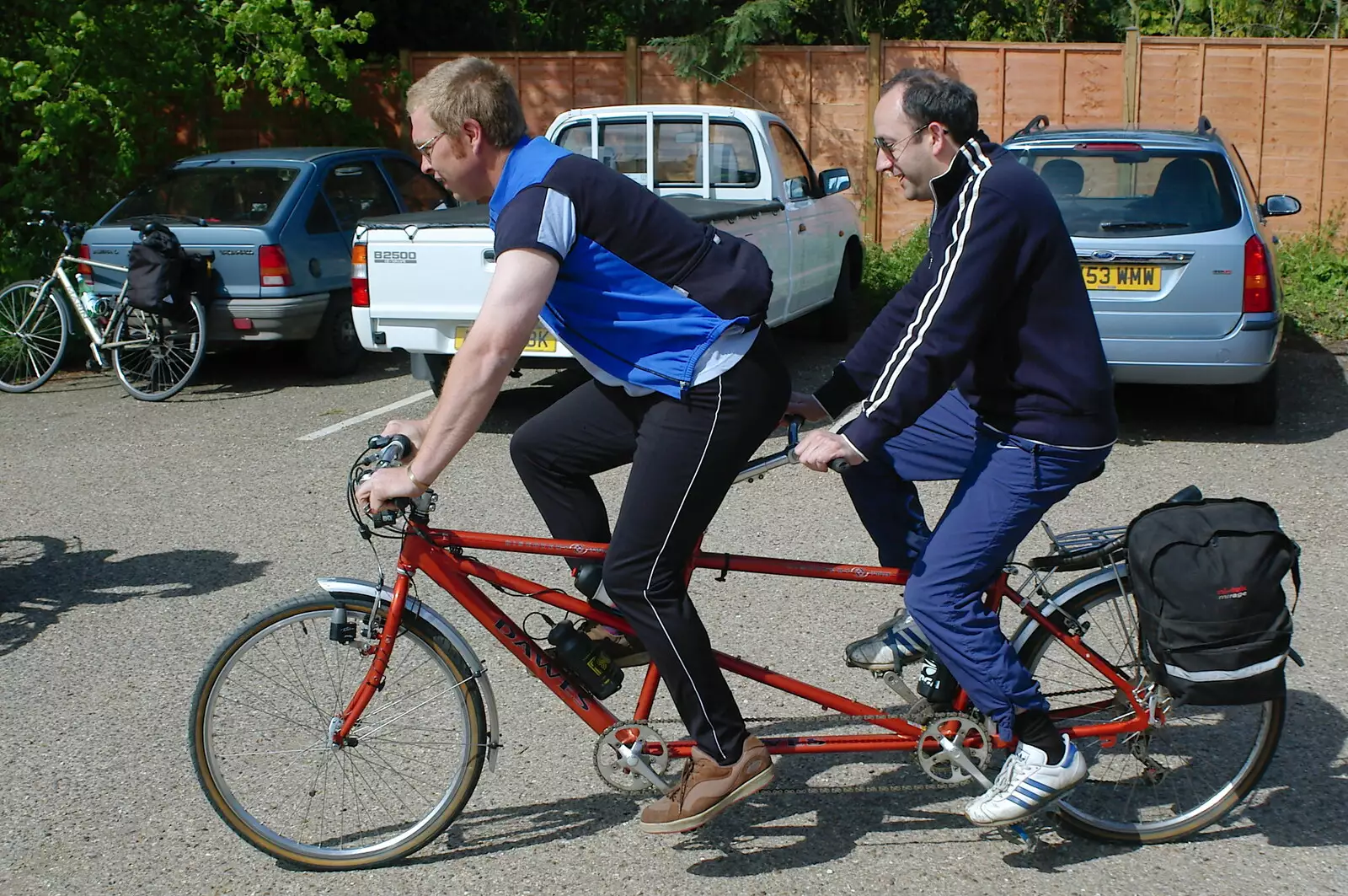 Marc and DH test out the tandem for the first time, from The BSCC Weekend Trip to Rutland Water, Empingham, Rutland - 14th May 2005