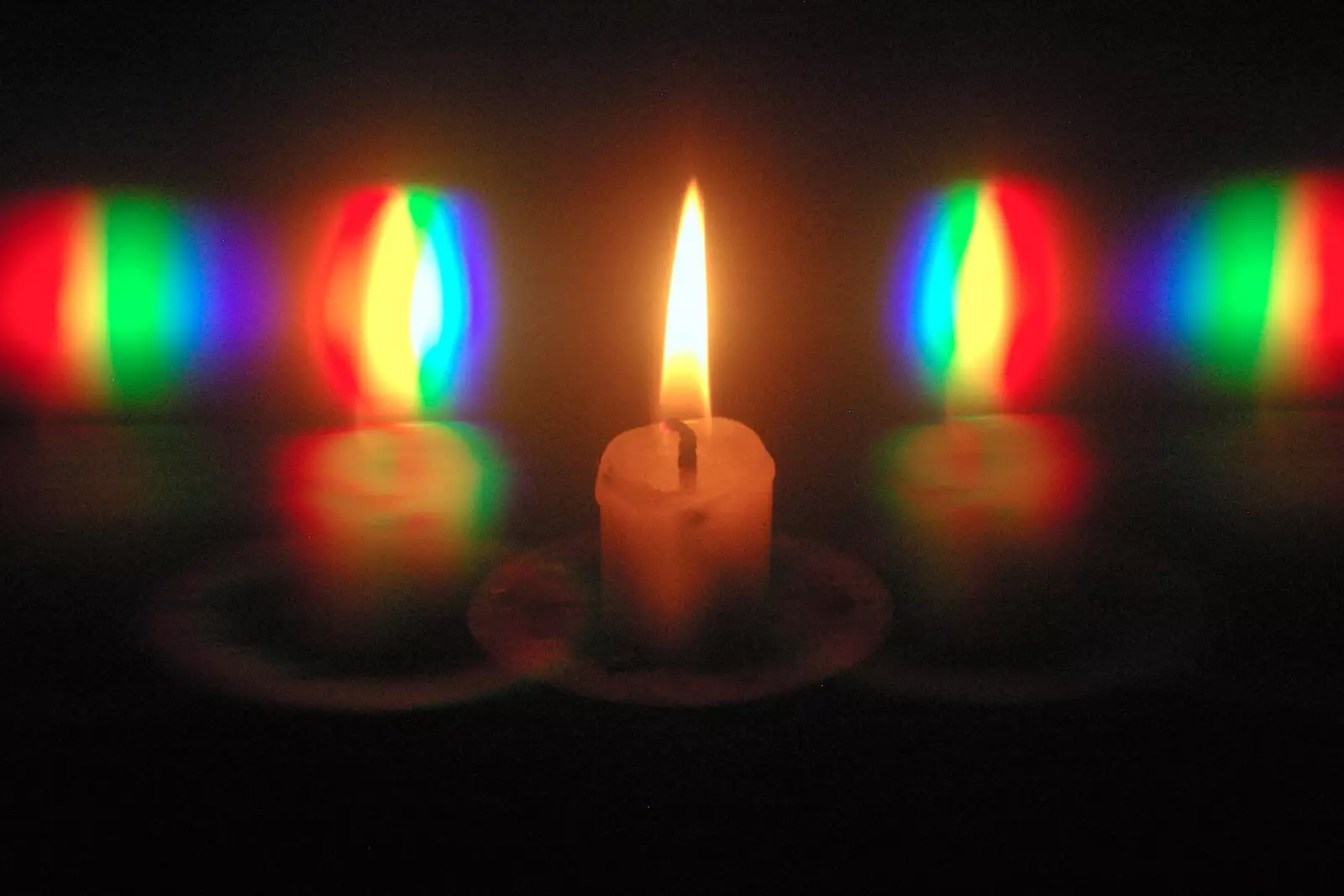 A candle diffracts into rainbow candles, from BSCC Bike Rides and Fun With Diffraction Gratings, Gissing and Diss - 26th May 2005