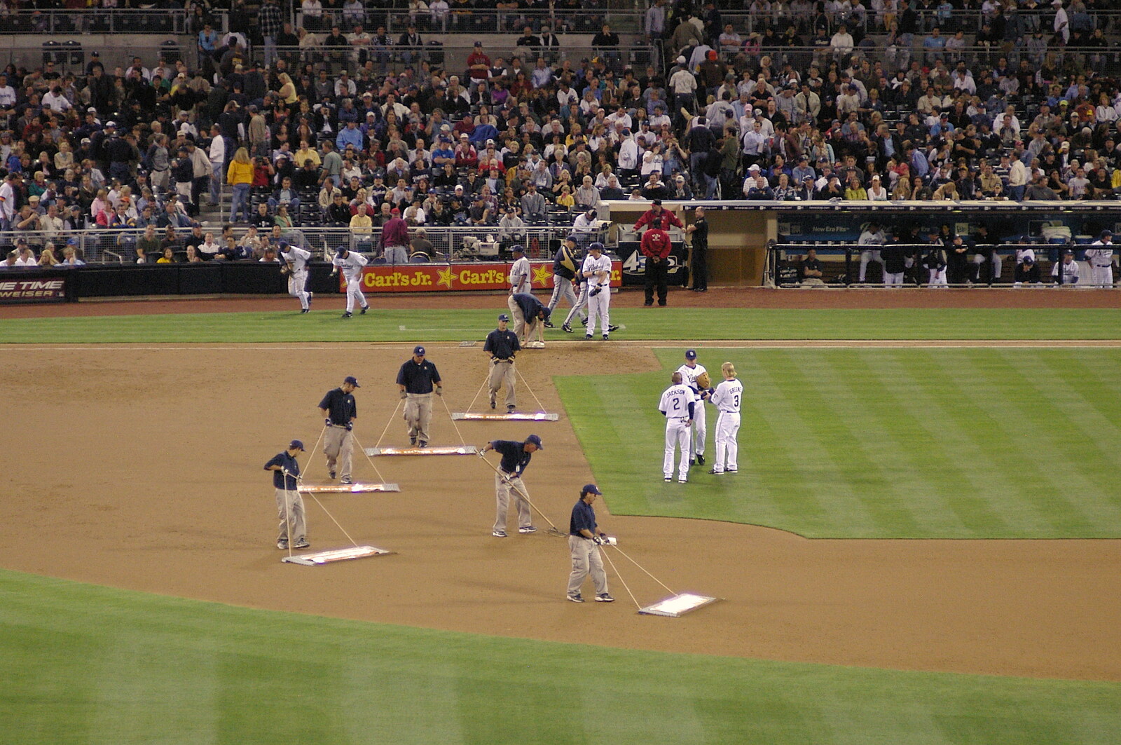 The track is raked during an innings break from The Padres at Petco Park: a Baseball Game, San Diego, California - 31st May 2005