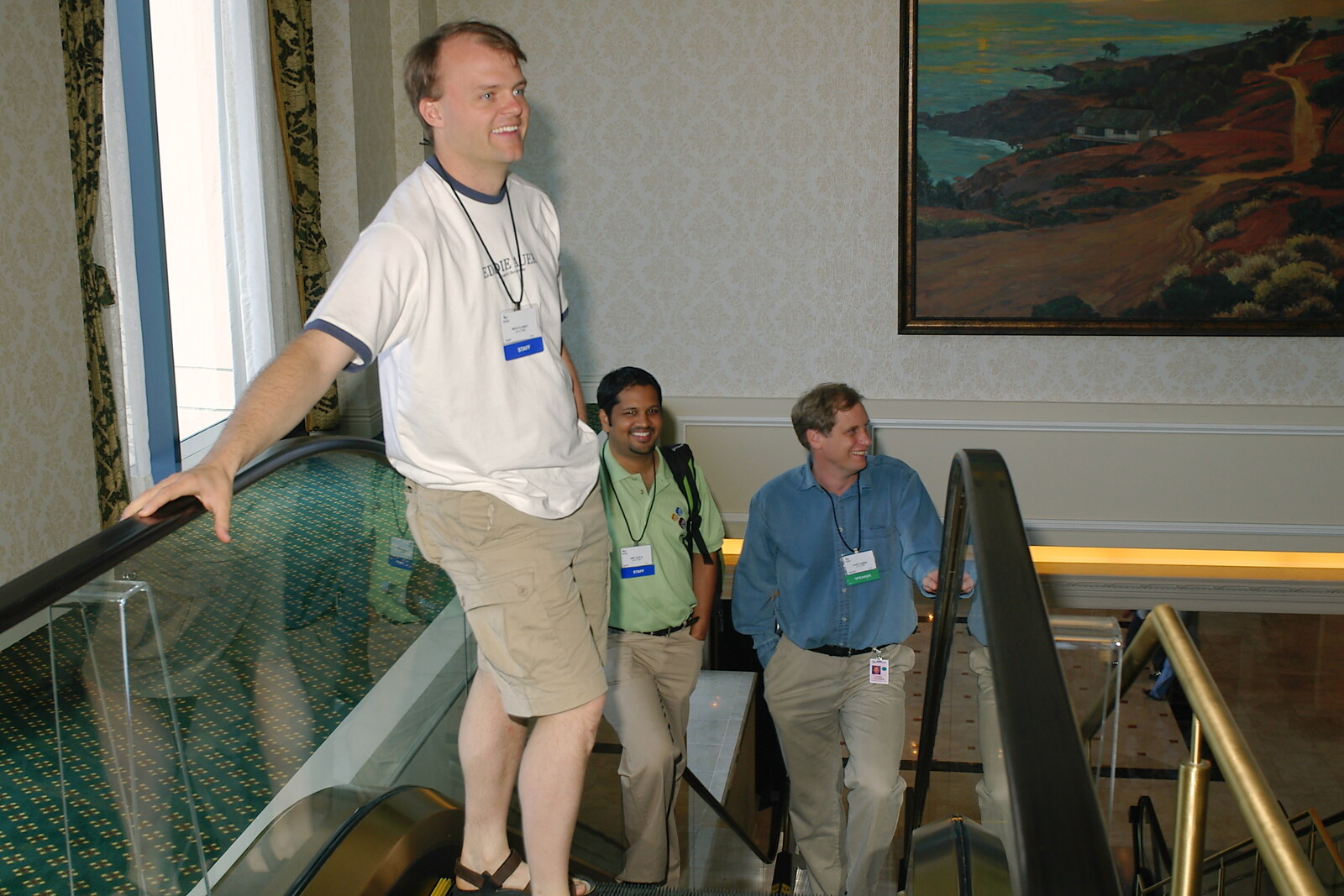 Nick, Amit and Luke ascend the escalator from The BREW Developers Conference, San Diego, California - 2nd June 2005