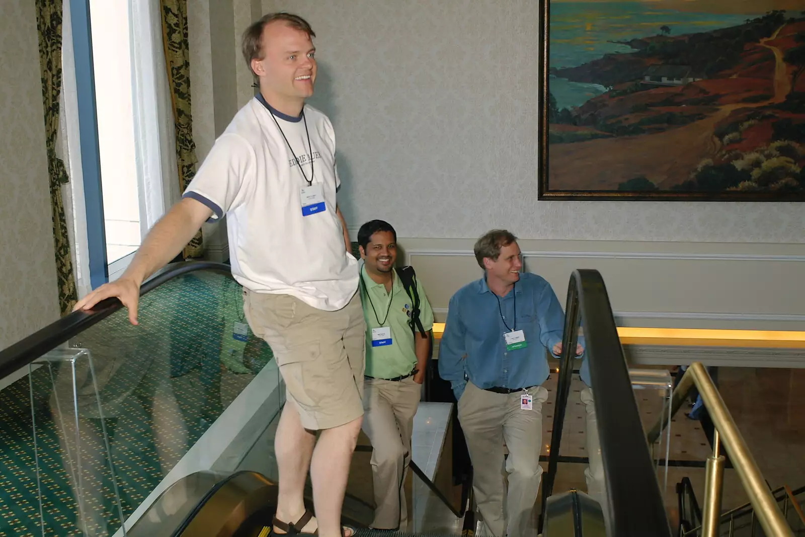 Nick, Amit and Luke ascend the escalator, from The BREW Developers Conference, San Diego, California - 2nd June 2005