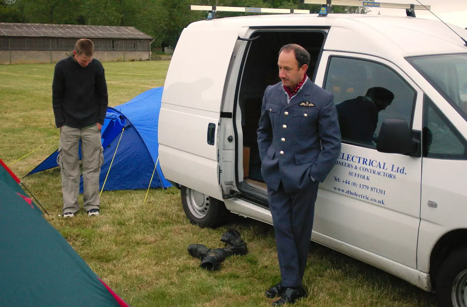 DH stands by his 'tent', from A 1940s VE Dance At Debach Airfield, Debach, Suffolk - 11th June 2005