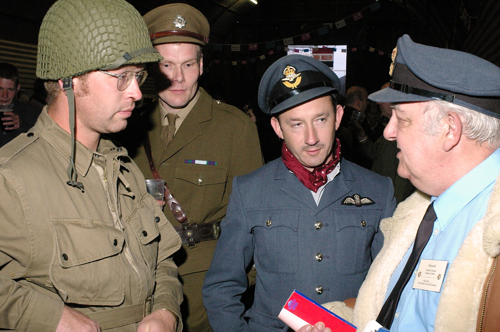 Marc, Bill and DH chat to one of the wardens from A 1940s VE Dance At Debach Airfield, Debach, Suffolk - 11th June 2005