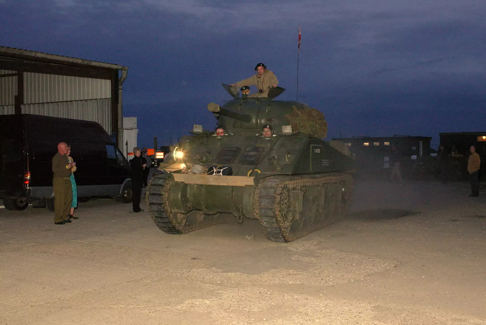 A Sherman tank appears, after a 5-year restoration, from A 1940s VE Dance At Debach Airfield, Debach, Suffolk - 11th June 2005