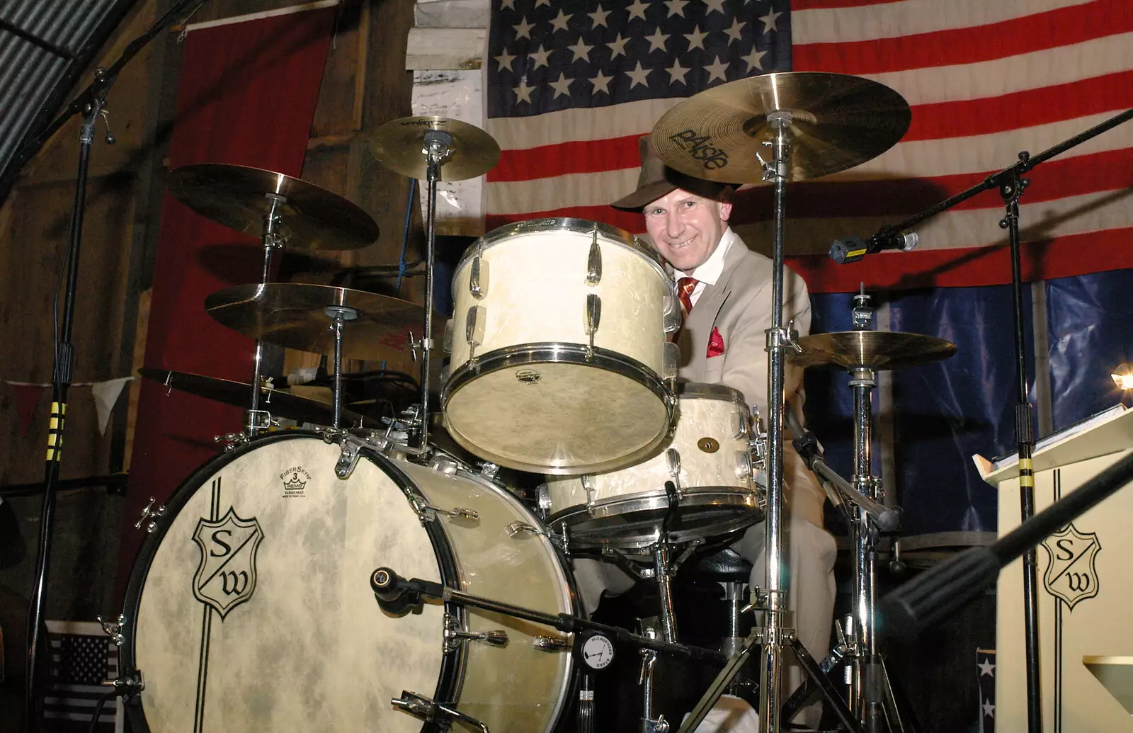 The drummer grins, from A 1940s VE Dance At Debach Airfield, Debach, Suffolk - 11th June 2005