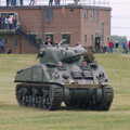 The Sherman tank rumbles past the control tower, An Airfield Open Day, Debach, Suffolk - 12th June 2005