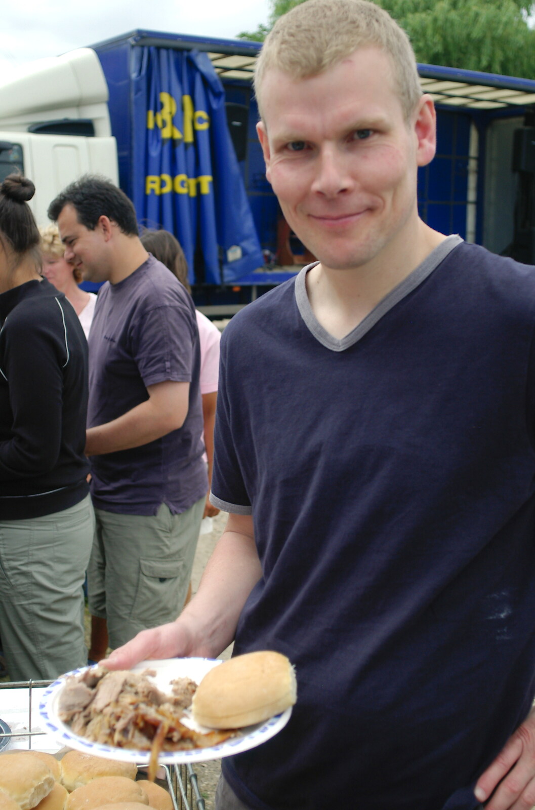 Bill's happy with his plate of hog from A Combine Harvester and the Pig Roast, Thrandeston, Suffolk - 26th June 2005