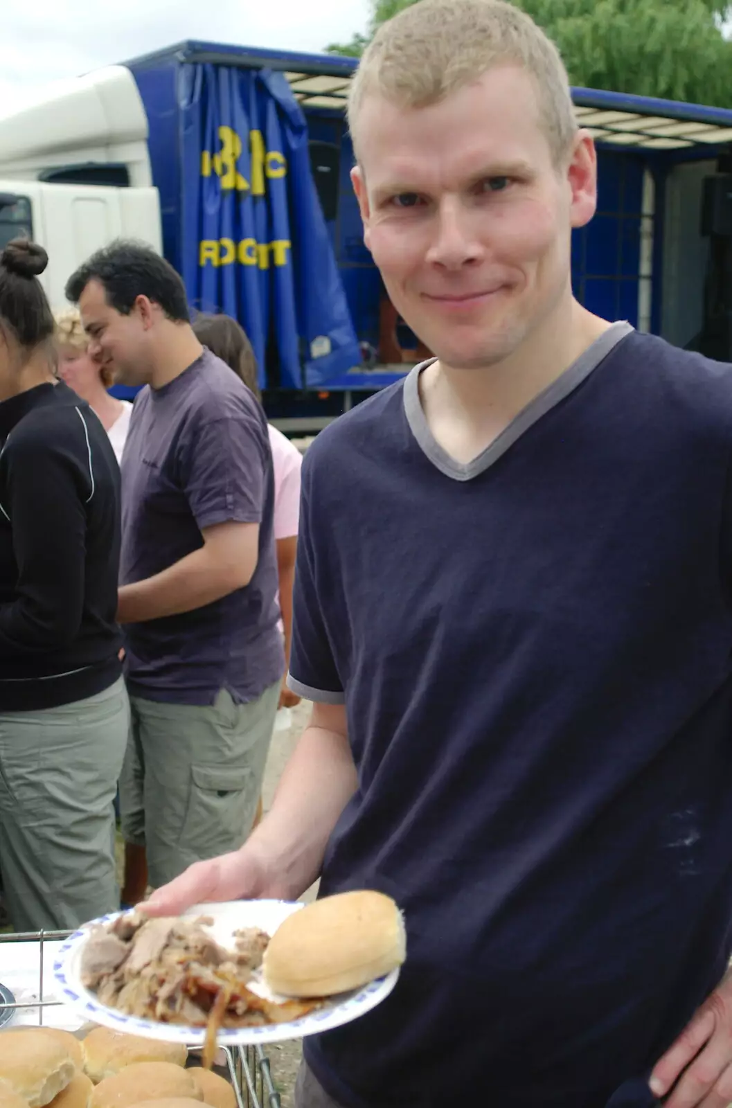 Bill's happy with his plate of hog, from A Combine Harvester and the Pig Roast, Thrandeston, Suffolk - 26th June 2005