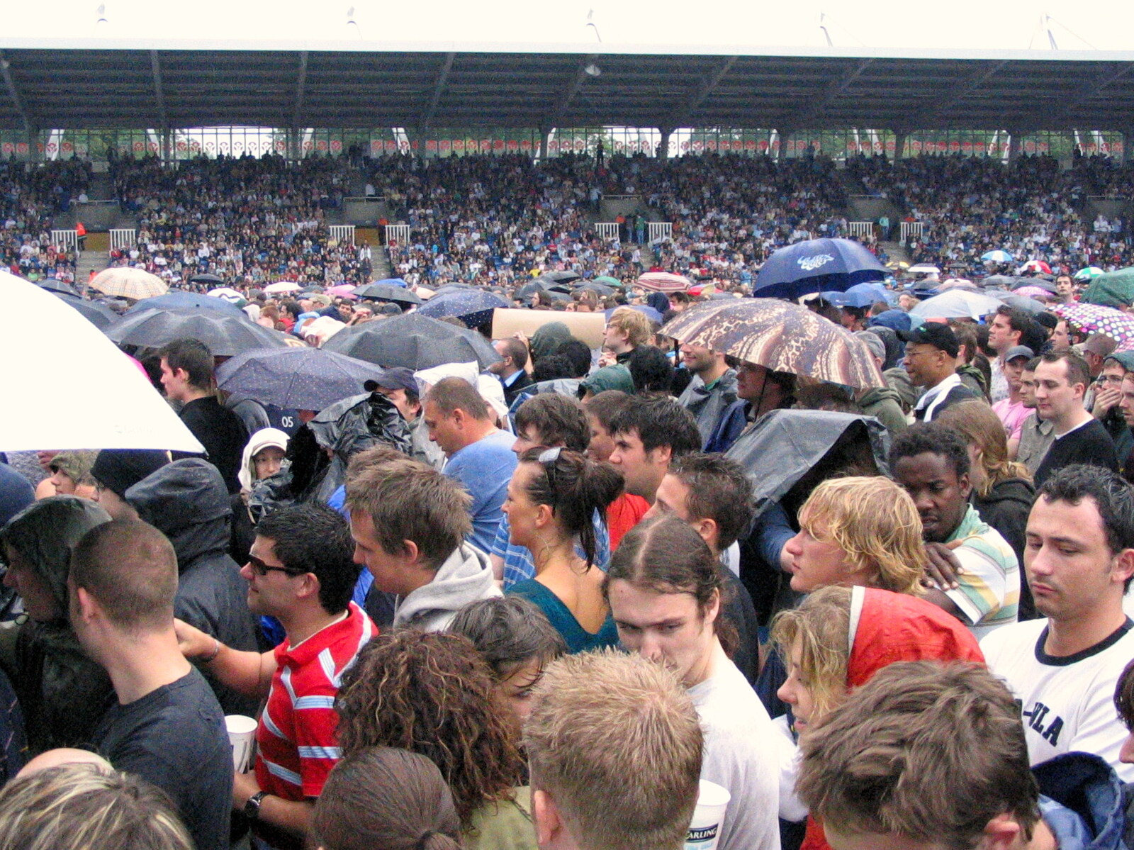 Umbrellas are out as it starts lashing rain from Coldplay Live at Crystal Palace, Diss Publishing and Molluscs, Diss and London - 28th June 2005