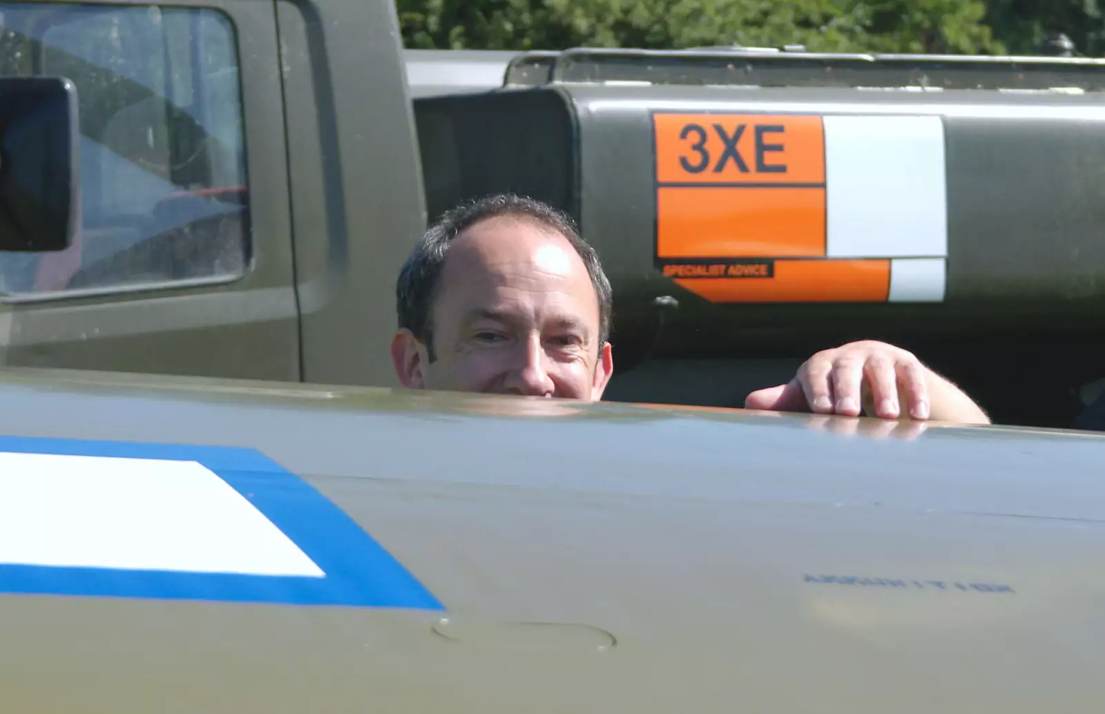 It's DH's turn to peer over the wing, from A Day With Janie the P-51D Mustang, Hardwick Airfield, Norfolk - 17th July 2005